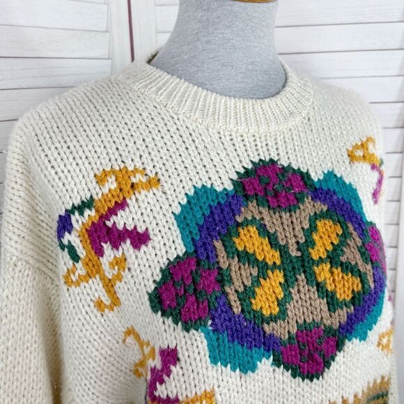 Vintage Rafferty 80s 90s Floral Chunky Knit Sweater Ivory Large Crewneck - Picture 5 of 11